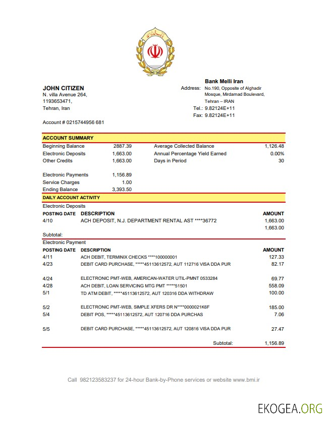 Modèle de relevé de la banque Iran Melli au format de fichier .xls et .pdf